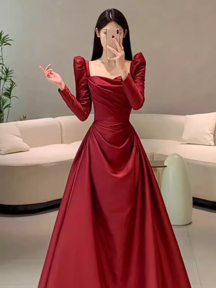 Simple Mermaid Long Sleeves Burgundy Floor Length Prom Dress P1708