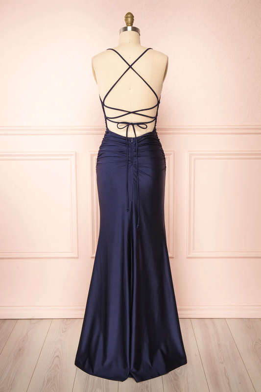 Sexy Mermaid Halter Sleeveless Navy Blue Long Prom Dresses P497