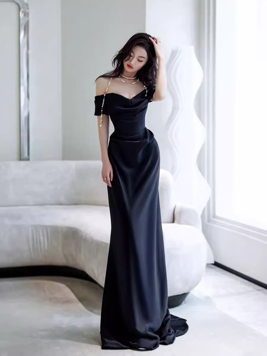 Simple Mermaid Off The Shoulder Black Prom Dresses Evening Dress P2064