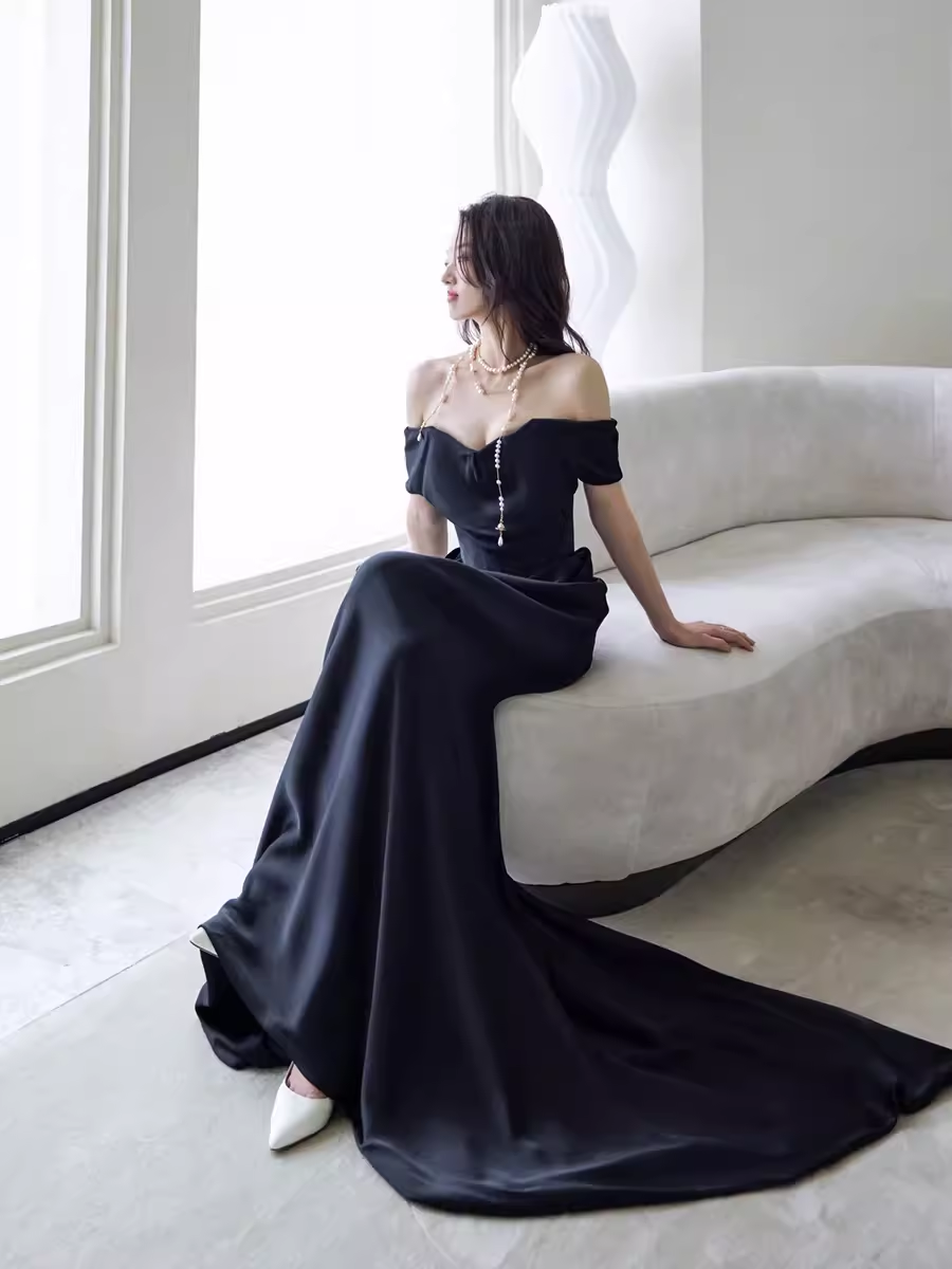 Simple Mermaid Off The Shoulder Black Prom Dresses Evening Dress P2064