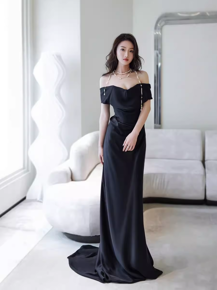 Simple Mermaid Off The Shoulder Black Prom Dresses Evening Dress P2064