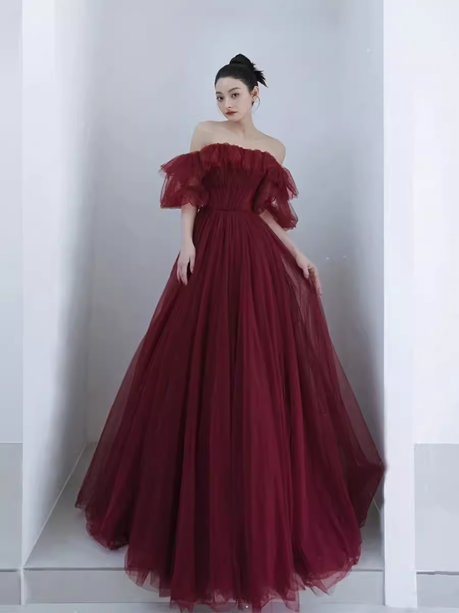 Ball Gown Burgundy Off The Shoulder Prom Dresses Evening Dress P2158