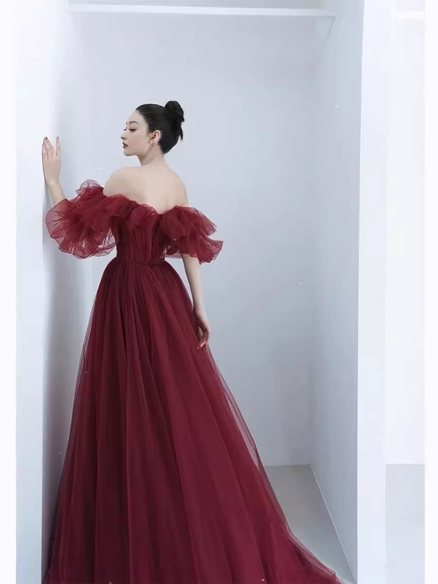 Ball Gown Burgundy Off The Shoulder Prom Dresses Evening Dress P2158