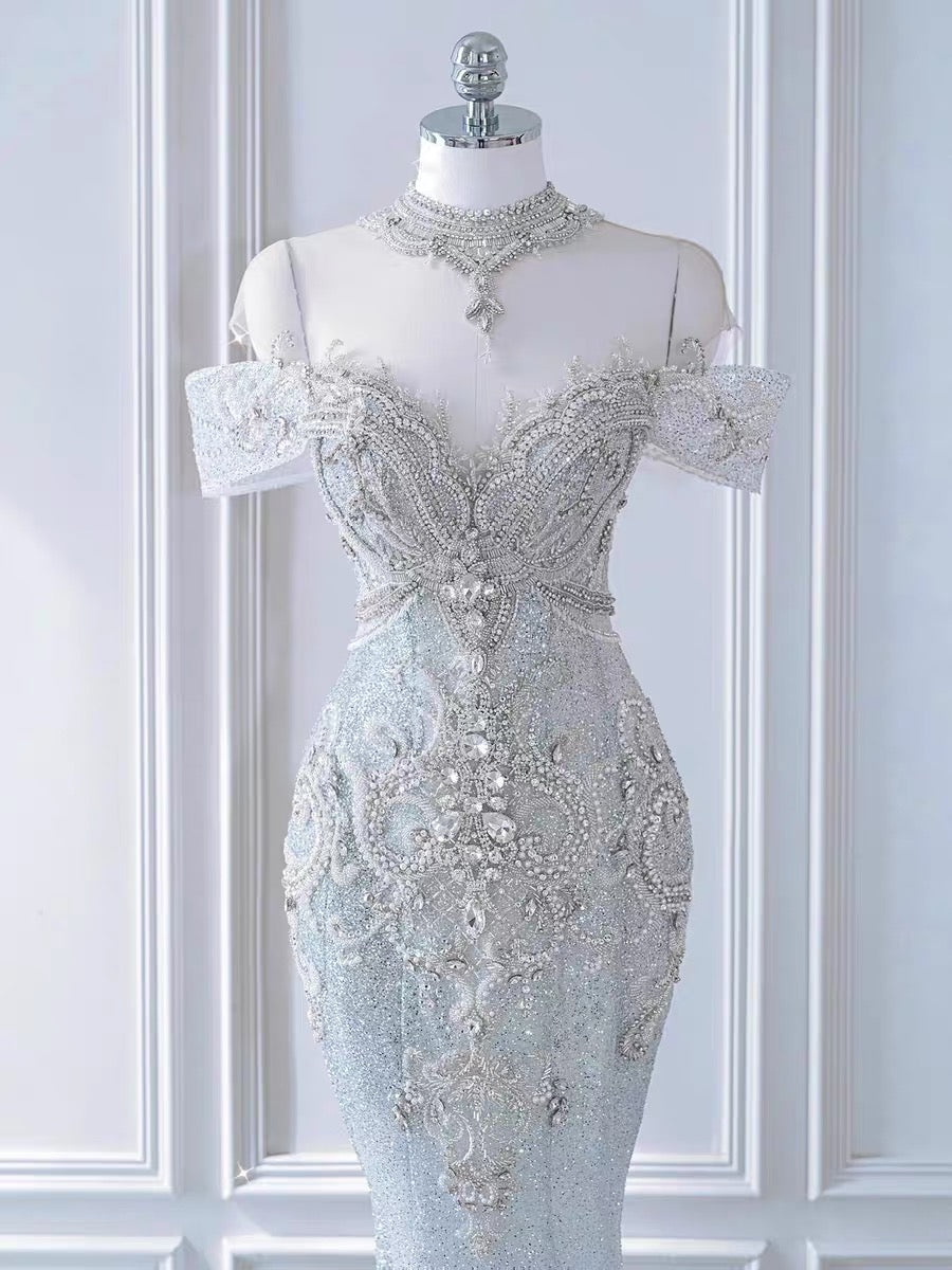 Vintage Mermaid Sequin Long Wedding Dresses P1071