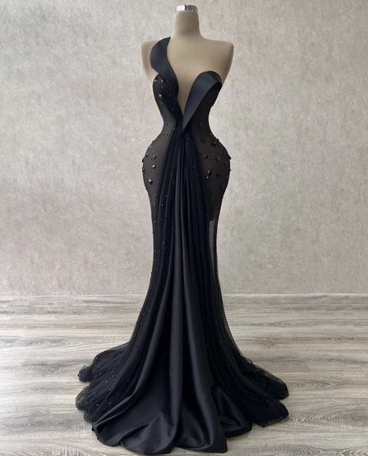 Sexy Mermaid Black Satin Prom Dress Long Prom Dresses P535