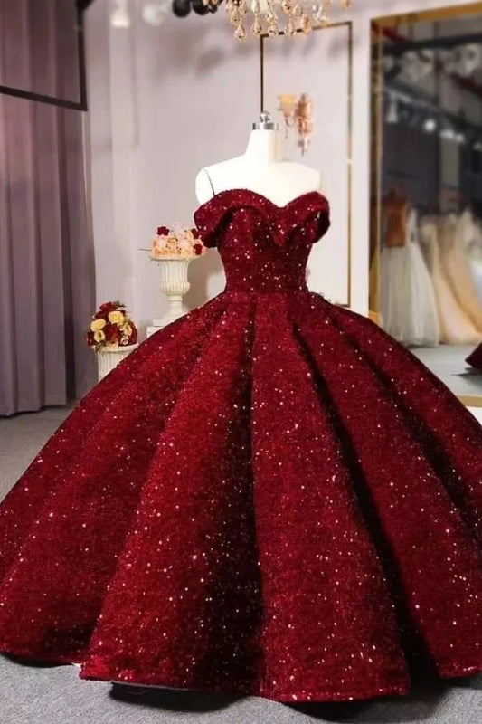 Luxurious Burgundy Ball Gown Off-The-Shoulder Ruffles Prom Dress 22th Birthday Outfits P803