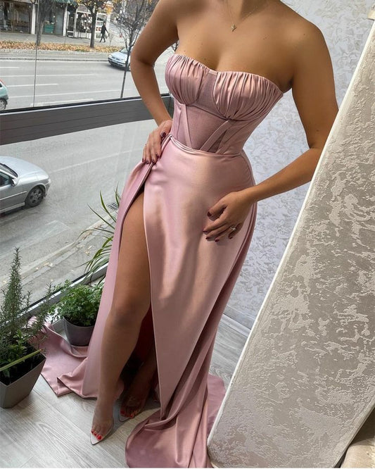 Dresses With Slit Satin Sleeveless Prom Dress Birthday Outfits P382