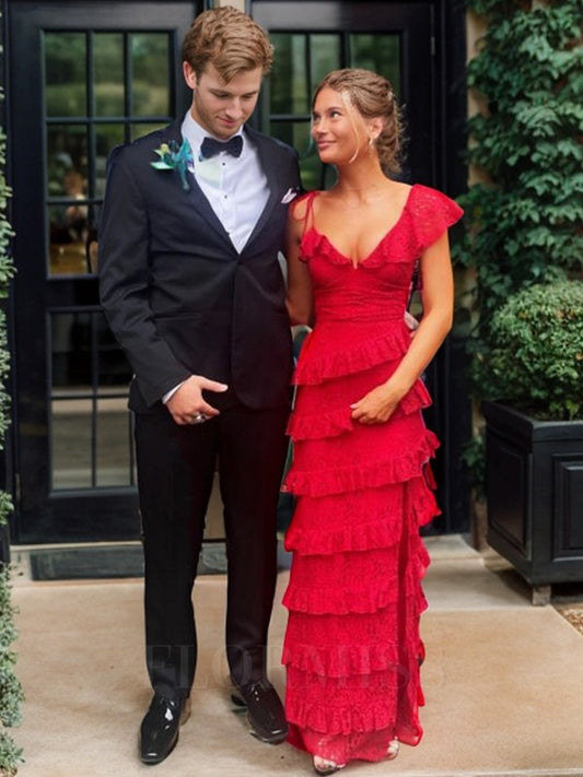 Sexy Sheath Lace Red Prom Dress Ruffles Party Dresses P1609