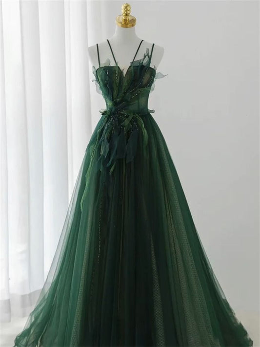 Forest Style Emerald Green Beading Tulle Dress, Prom Dress Fairy,Evening Gown Graduation Party Dress P453