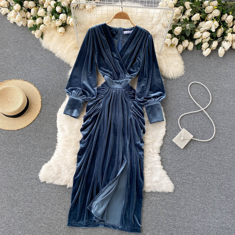 Blue V-neck Velvet Dress, Long Sleeve Fashion Dress P275