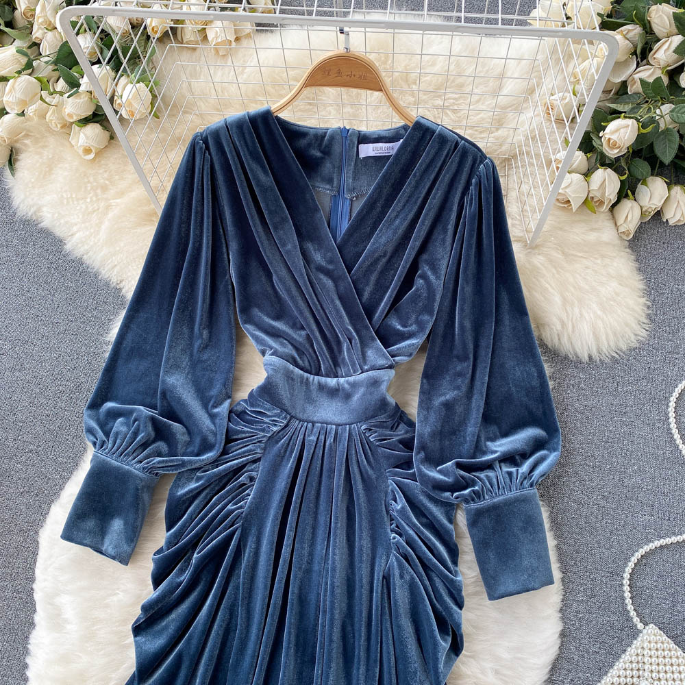 Blue V-neck Velvet Dress, Long Sleeve Fashion Dress P275