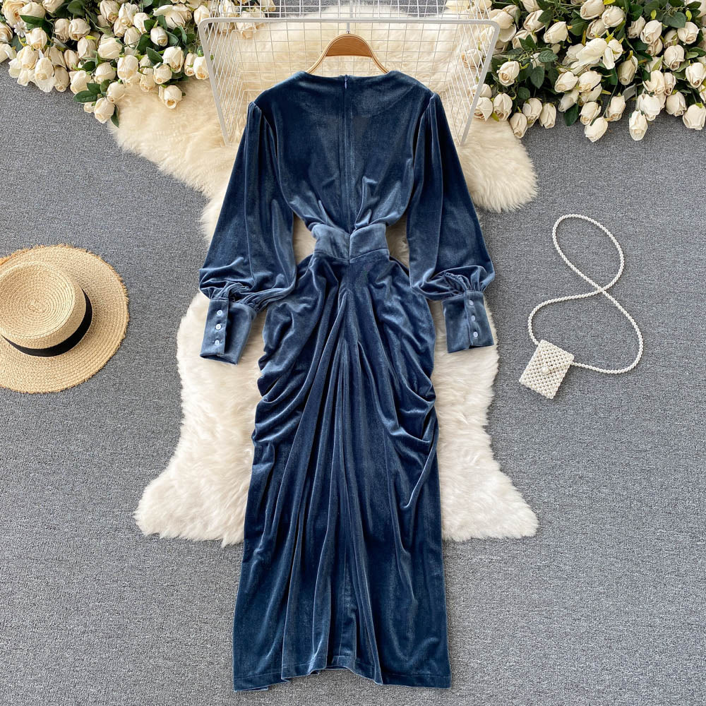 Blue V-neck Velvet Dress, Long Sleeve Fashion Dress P275