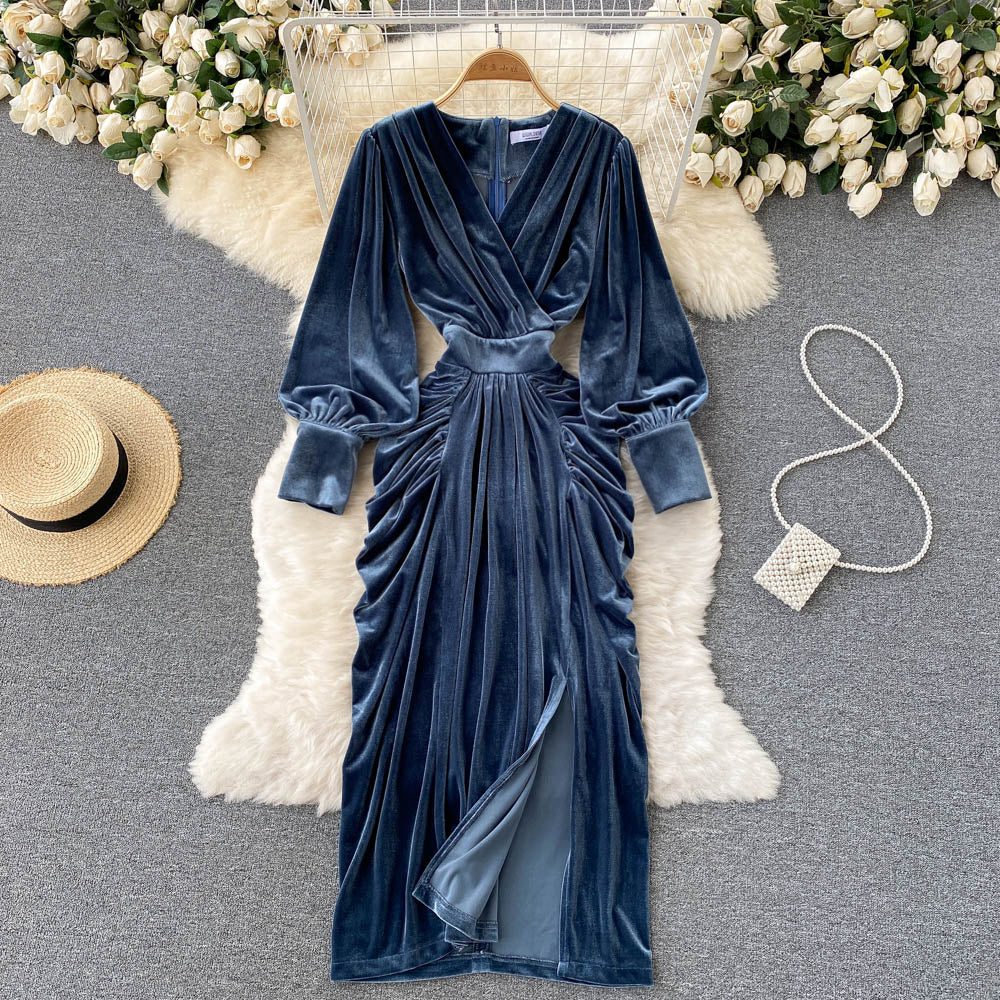 Blue V-neck Velvet Dress, Long Sleeve Fashion Dress P275