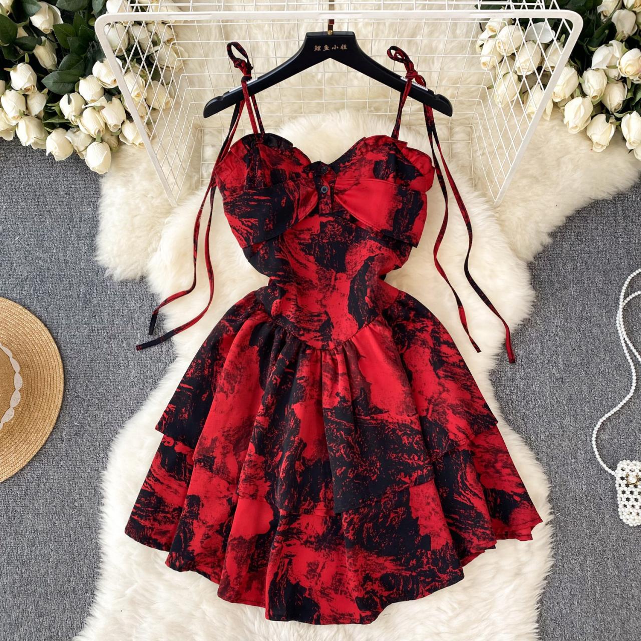 Red A-line Short Dress, Fashion Dress P264