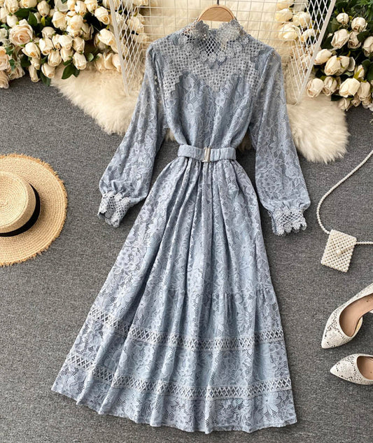 Elegant O-neck Lace Long Sleeve Dress P316