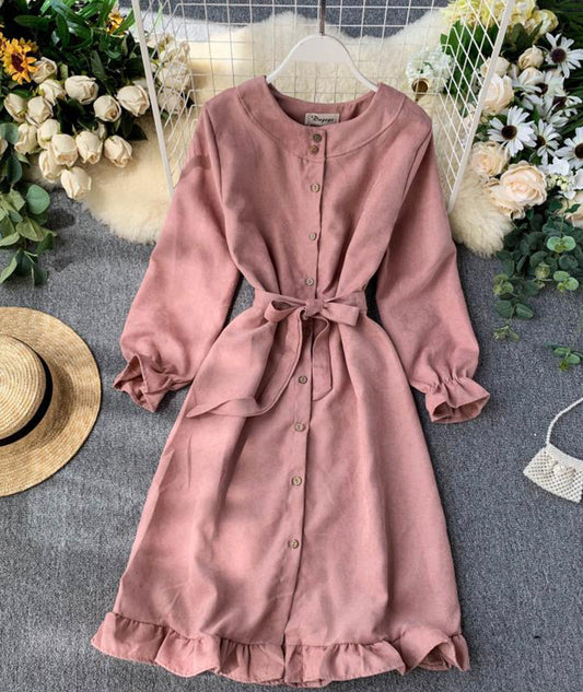 Long Sleeve Ruffle Hem Button Down Dress P307