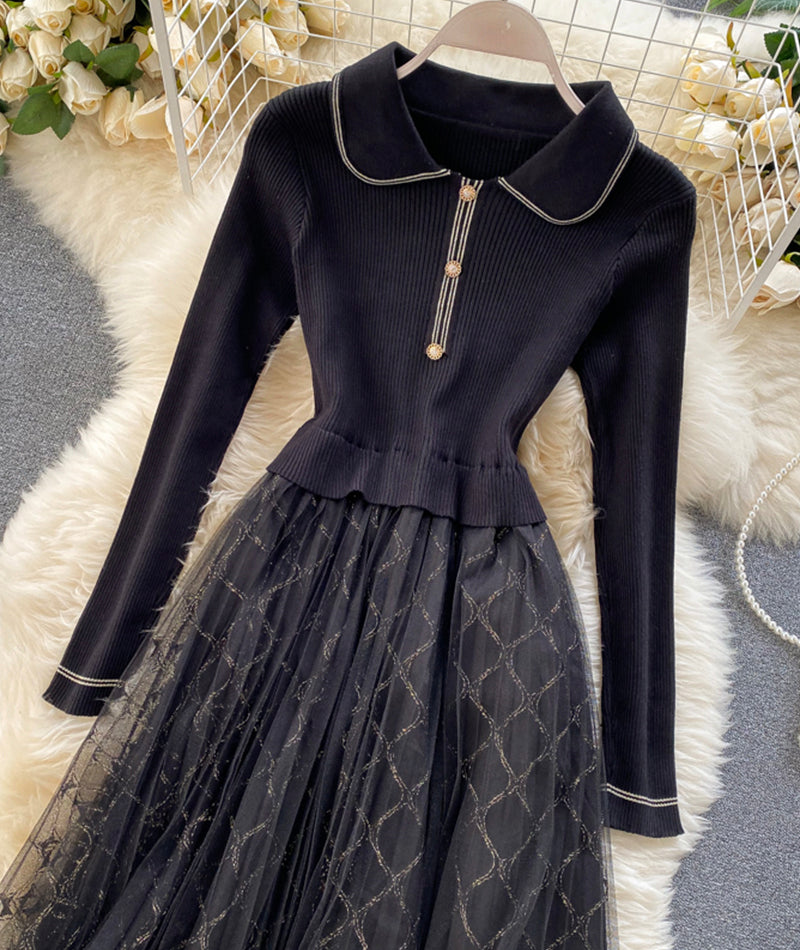 Elegant Knitted Tulle Splicing Dress P319