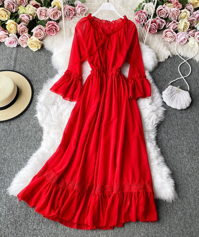 Red A Line Chiffon Dress Fashion Girl Dress P303