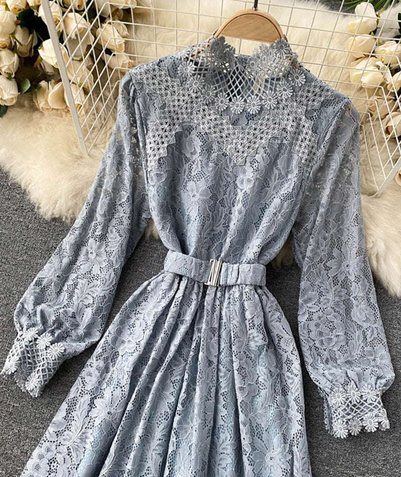 Elegant O-neck Lace Long Sleeve Dress P316