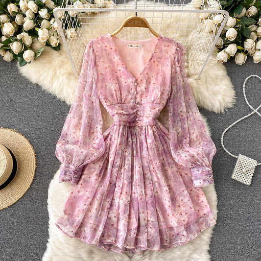 Cute V-neck Short Dresses, A-line Long Sleeve Dresses P290