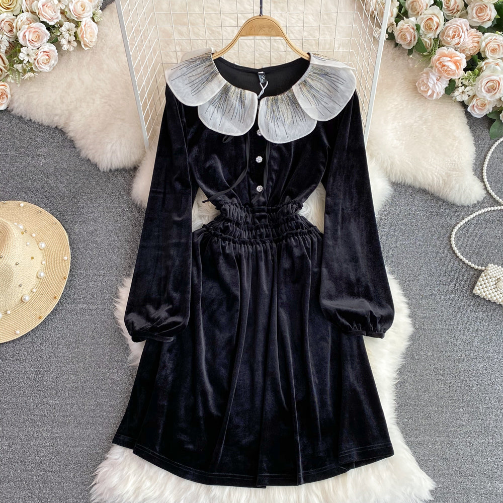 Black Velvet A-line Long Sleeve Dress, Black Fashion Dress P288