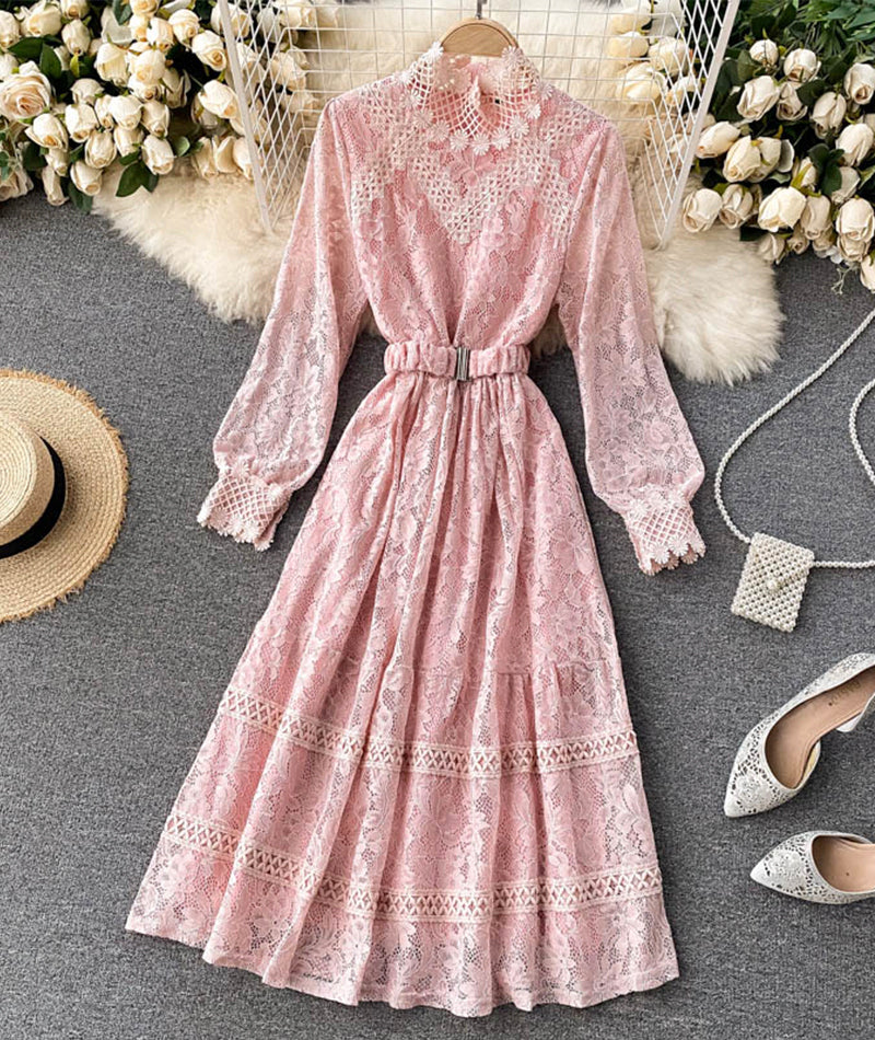 Elegant O-neck Lace Long Sleeve Dress P316