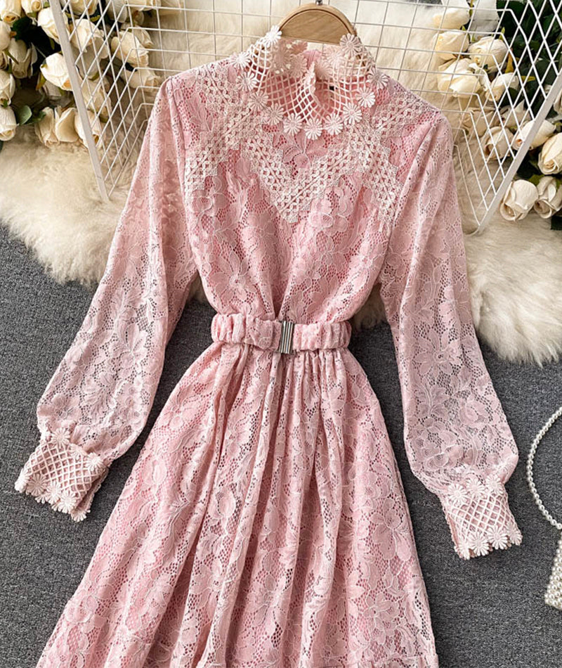 Elegant O-neck Lace Long Sleeve Dress P316