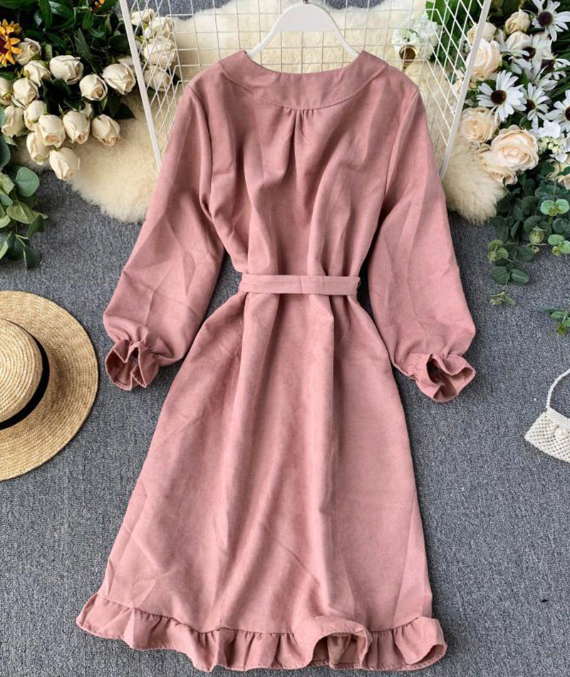 Long Sleeve Ruffle Hem Button Down Dress P307