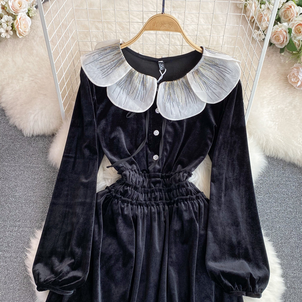 Black Velvet A-line Long Sleeve Dress, Black Fashion Dress P288