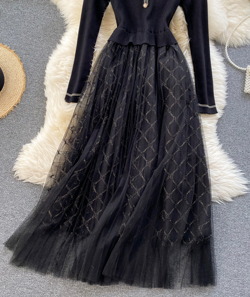 Elegant Knitted Tulle Splicing Dress P319