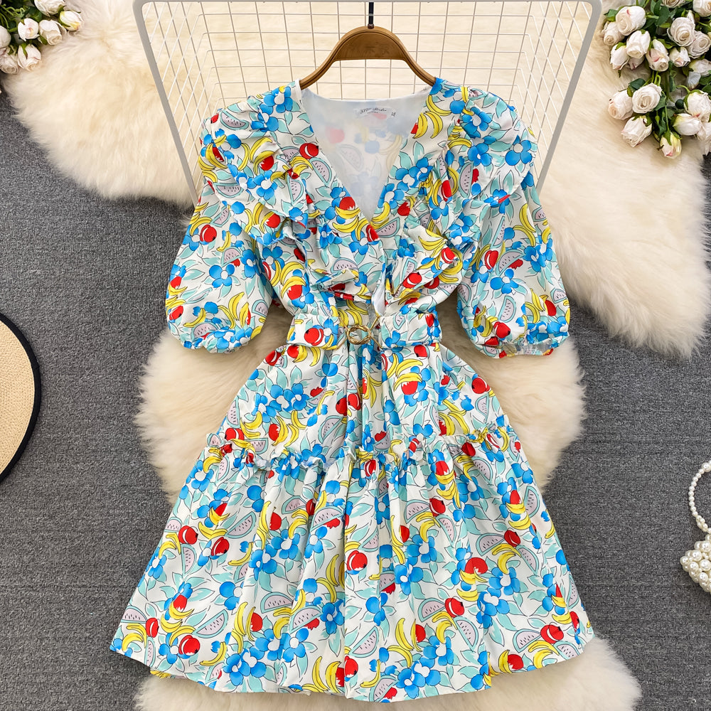 Cute V-neck Floral Dresses, A-line Fashion Dresses P286