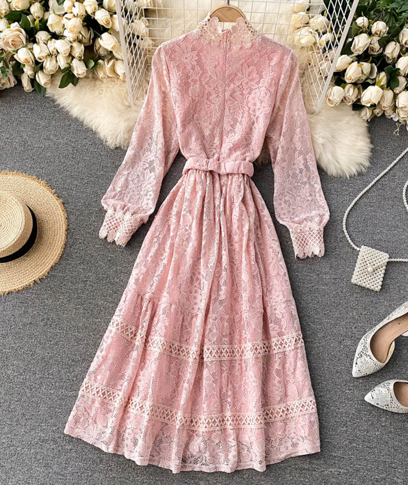 Elegant O-neck Lace Long Sleeve Dress P316