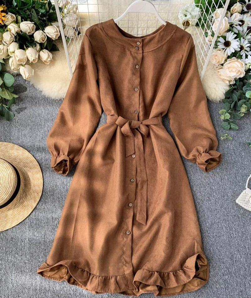 Long Sleeve Ruffle Hem Button Down Dress P307