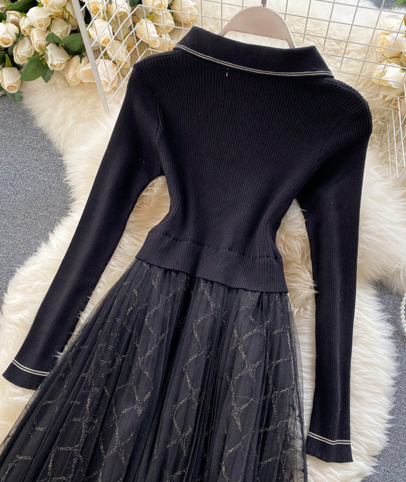 Elegant Knitted Tulle Splicing Dress P319