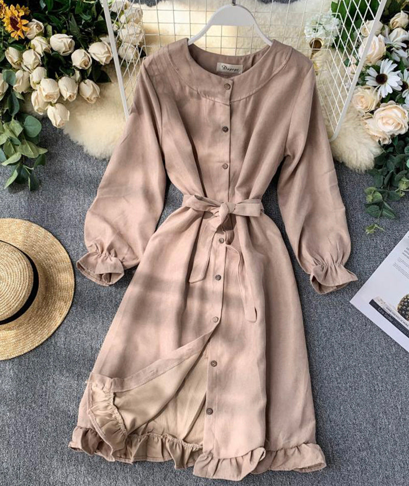 Long Sleeve Ruffle Hem Button Down Dress P307