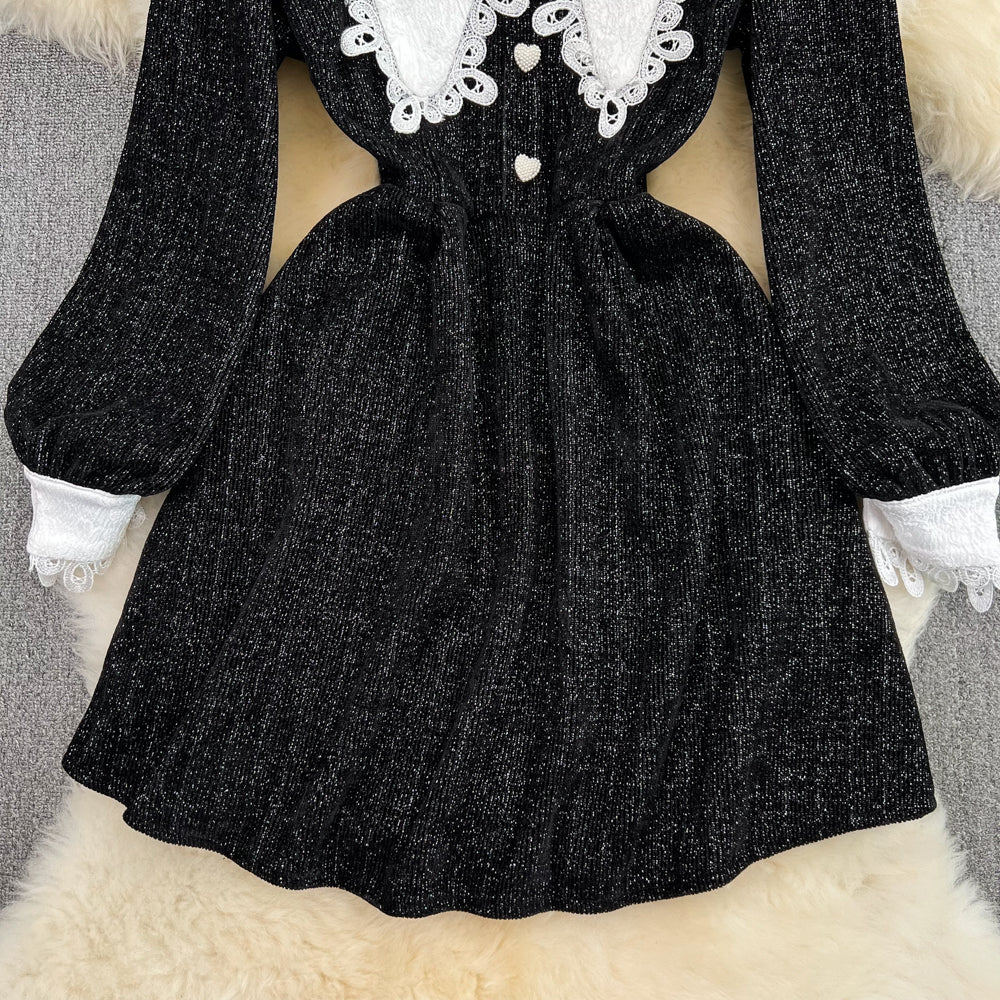 Black A-line Long Sleeve Dress, Black Fashion Dress P289