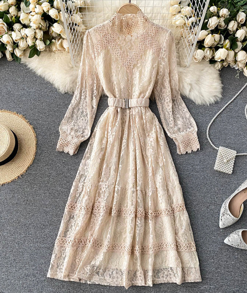 Elegant O-neck Lace Long Sleeve Dress P316