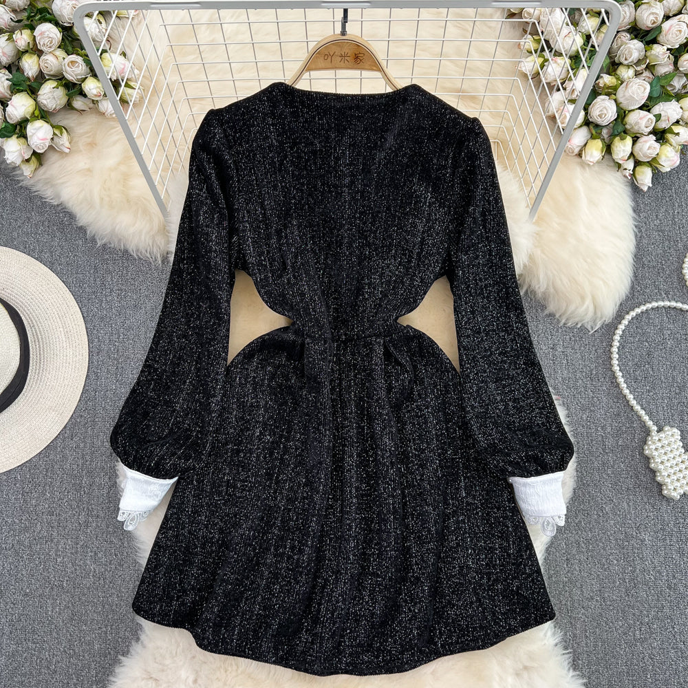 Black A-line Long Sleeve Dress, Black Fashion Dress P289