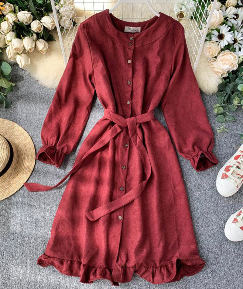 Long Sleeve Ruffle Hem Button Down Dress P307