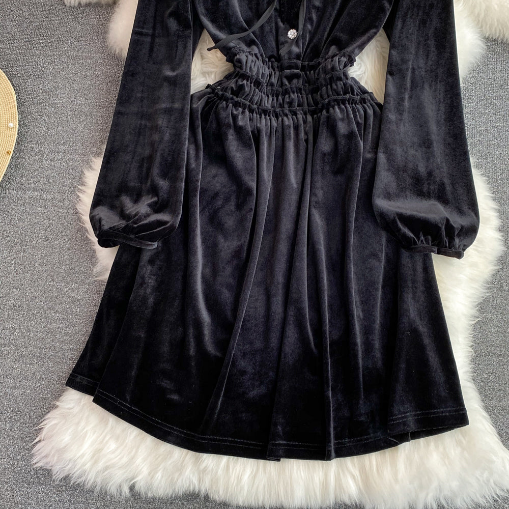 Black Velvet A-line Long Sleeve Dress, Black Fashion Dress P288