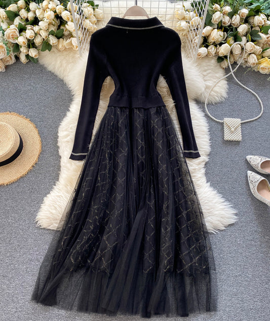 Elegant Knitted Tulle Splicing Dress P319