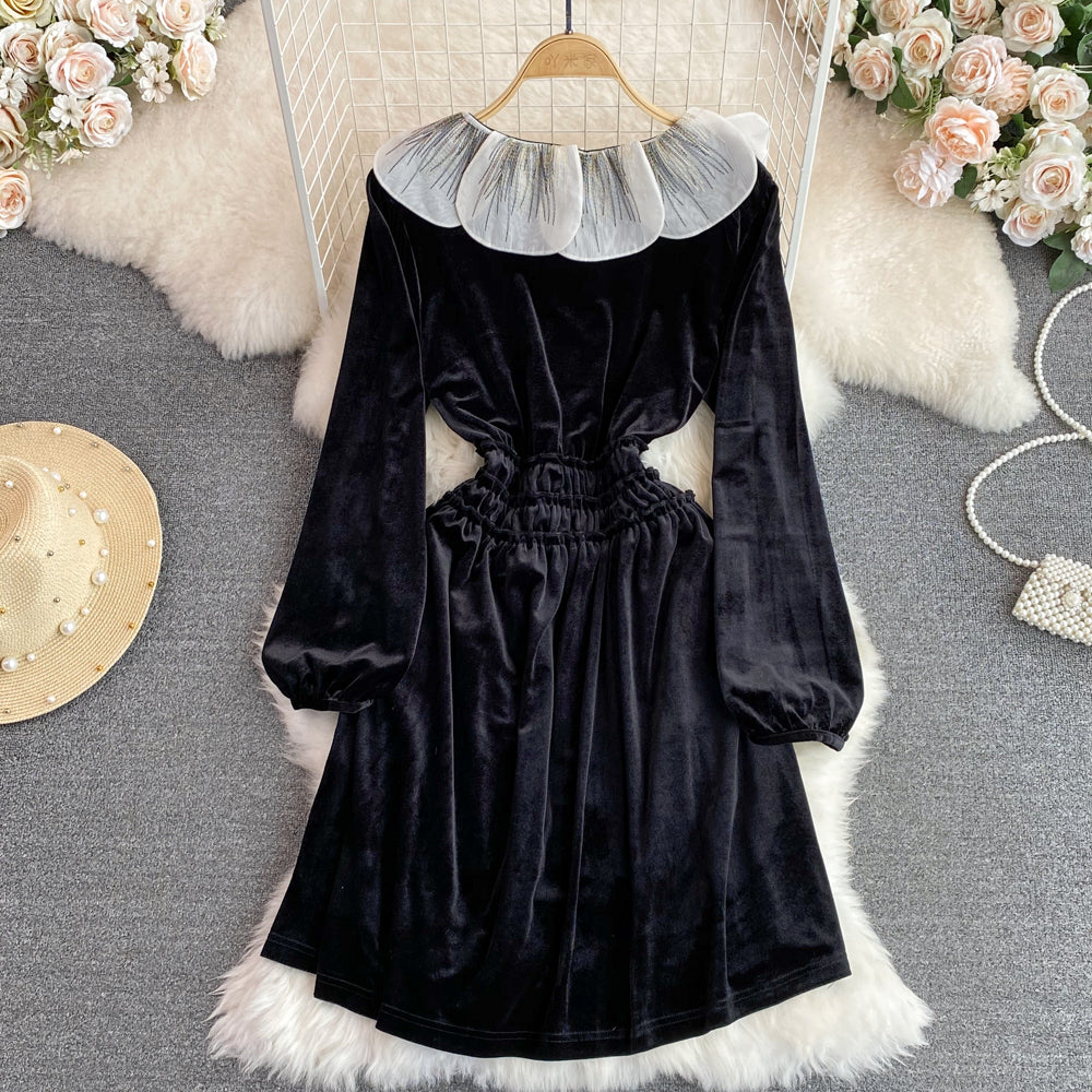 Black Velvet A-line Long Sleeve Dress, Black Fashion Dress P288