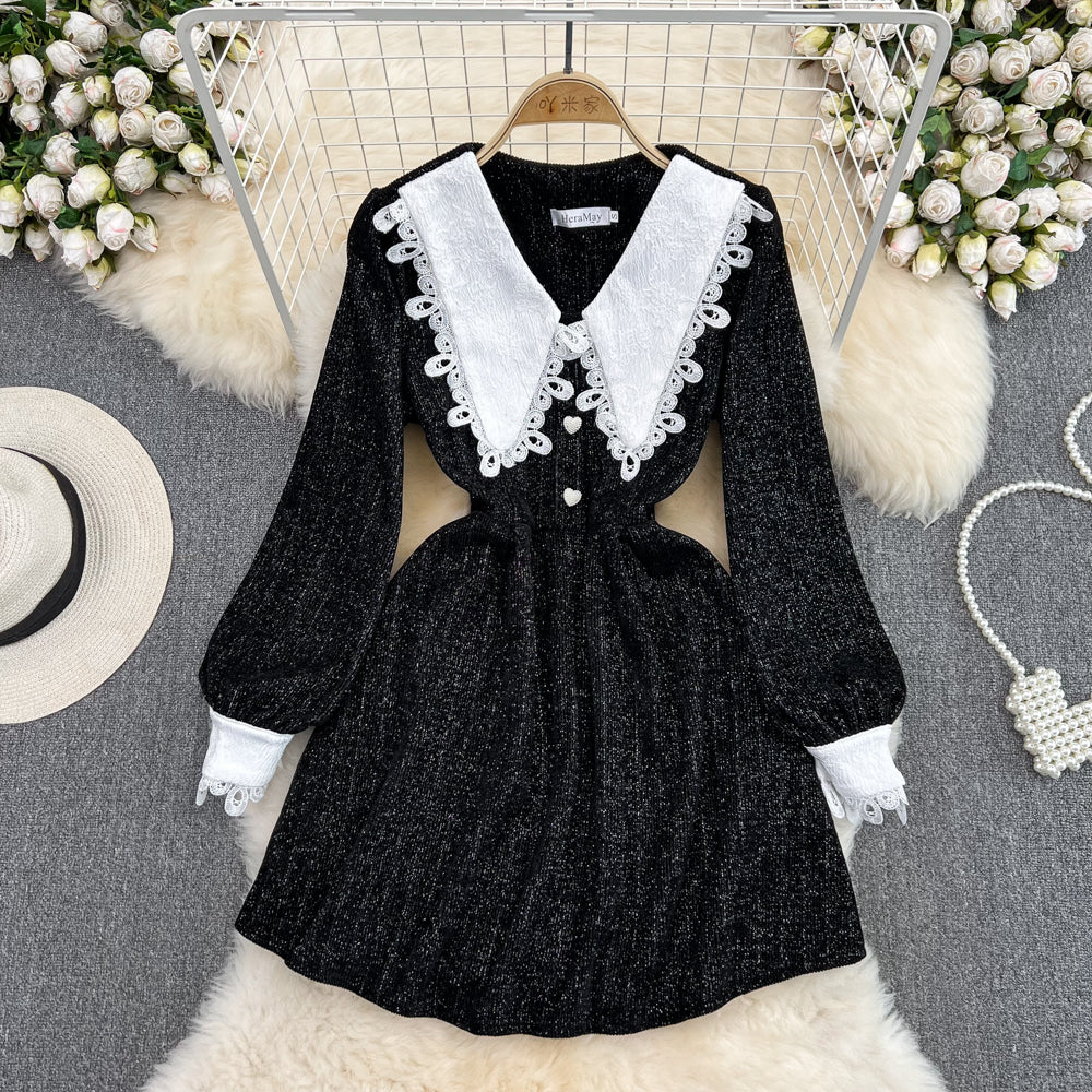 Black A-line Long Sleeve Dress, Black Fashion Dress P289