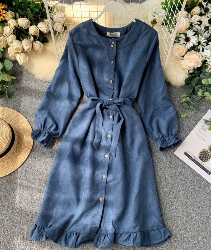 Long Sleeve Ruffle Hem Button Down Dress P307