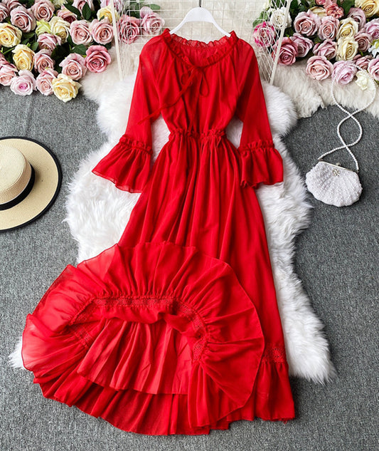 Red A Line Chiffon Dress Fashion Girl Dress P303