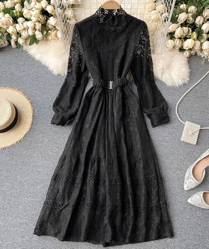 Elegant O-neck Lace Long Sleeve Dress P316