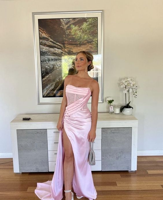 Sexy Birthday Dresses Pink Strapless Prom Dresses Slit Birthday Outfits P367