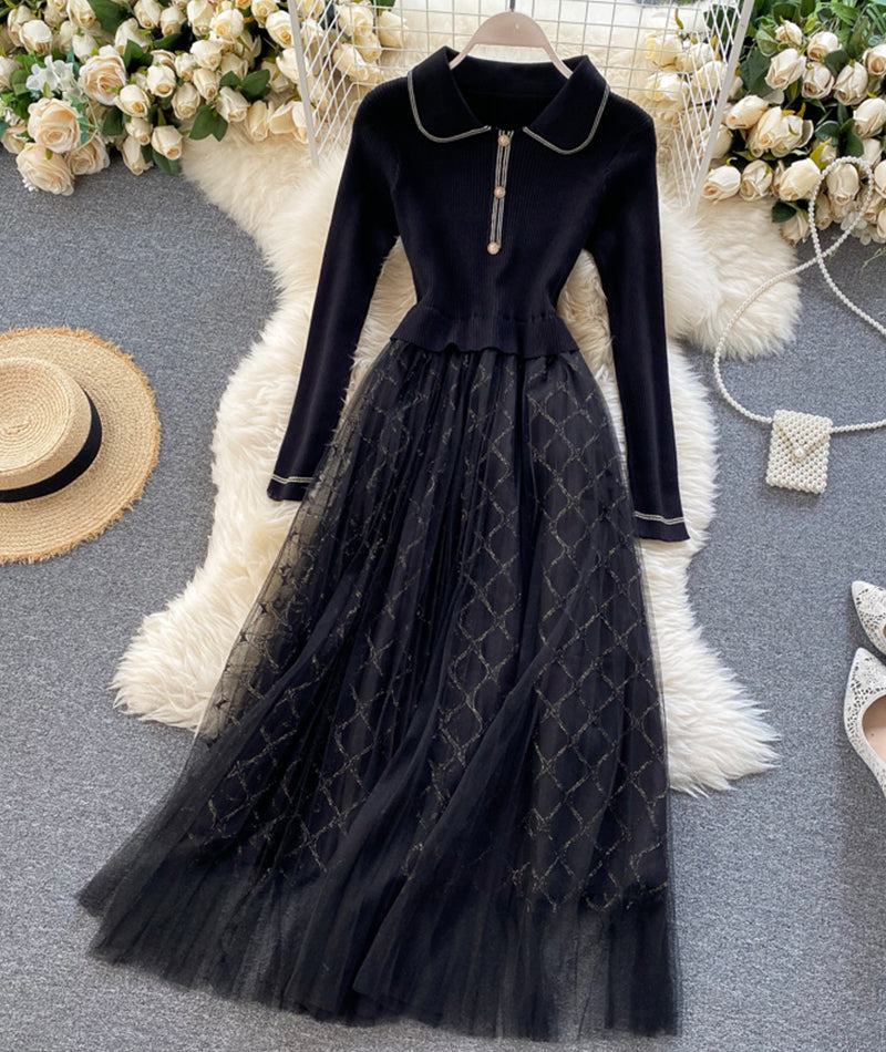 Elegant Knitted Tulle Splicing Dress P319