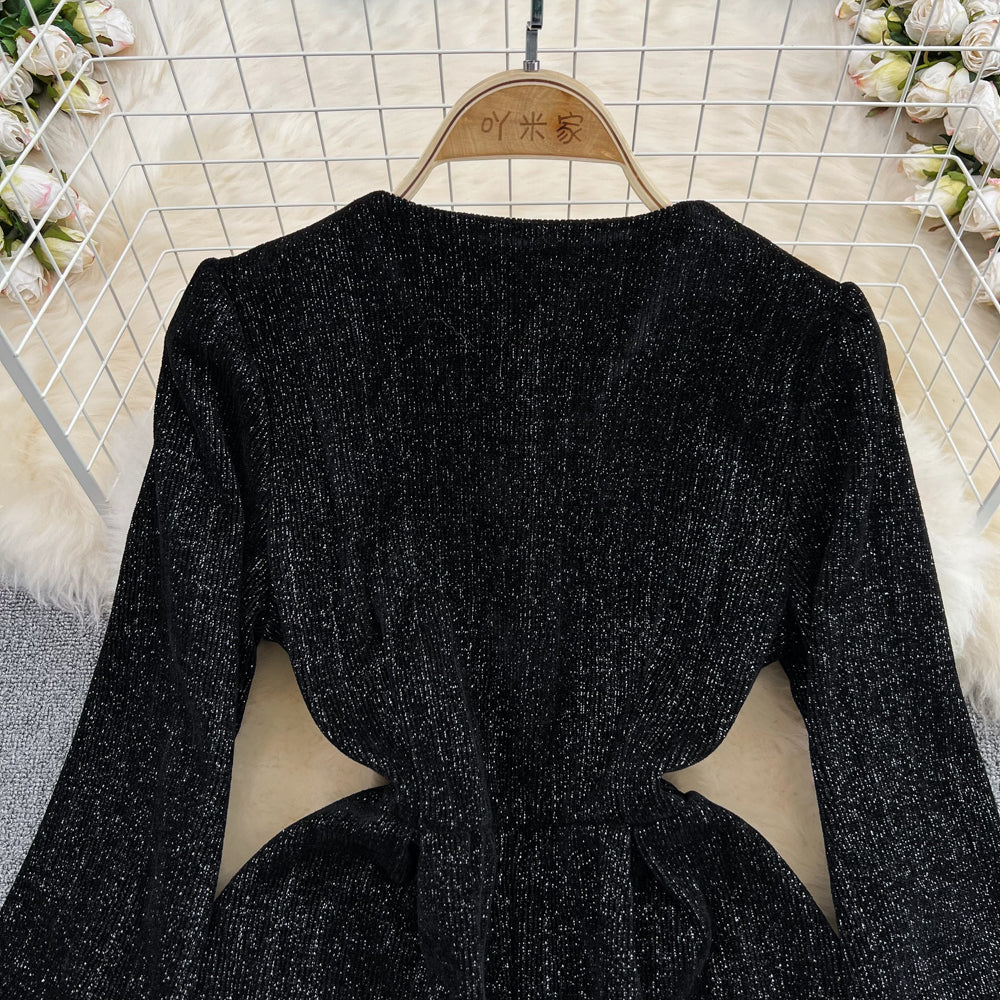 Black A-line Long Sleeve Dress, Black Fashion Dress P289