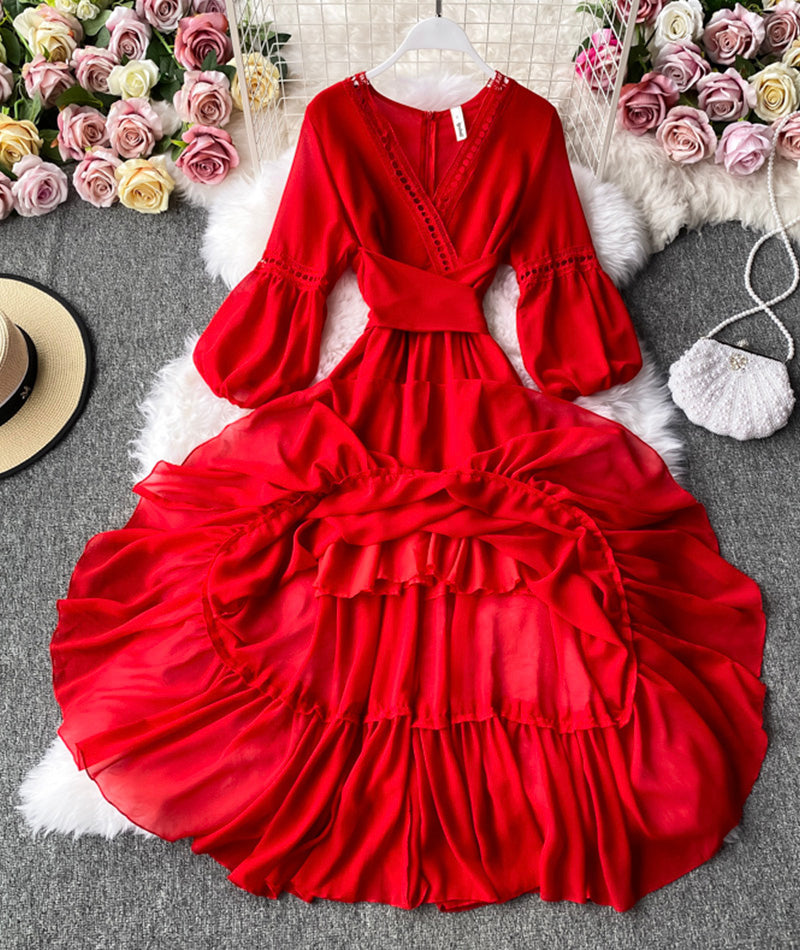 Red A Line Chiffon Dress Fashion Girl Dress P293